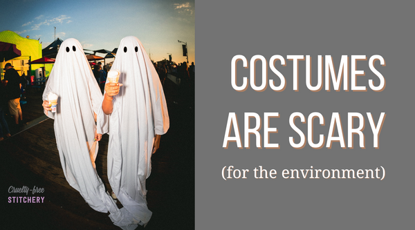 Costumes are scary for the environment. A photo of two people dressed as ghosts holding melted ice cream cones.