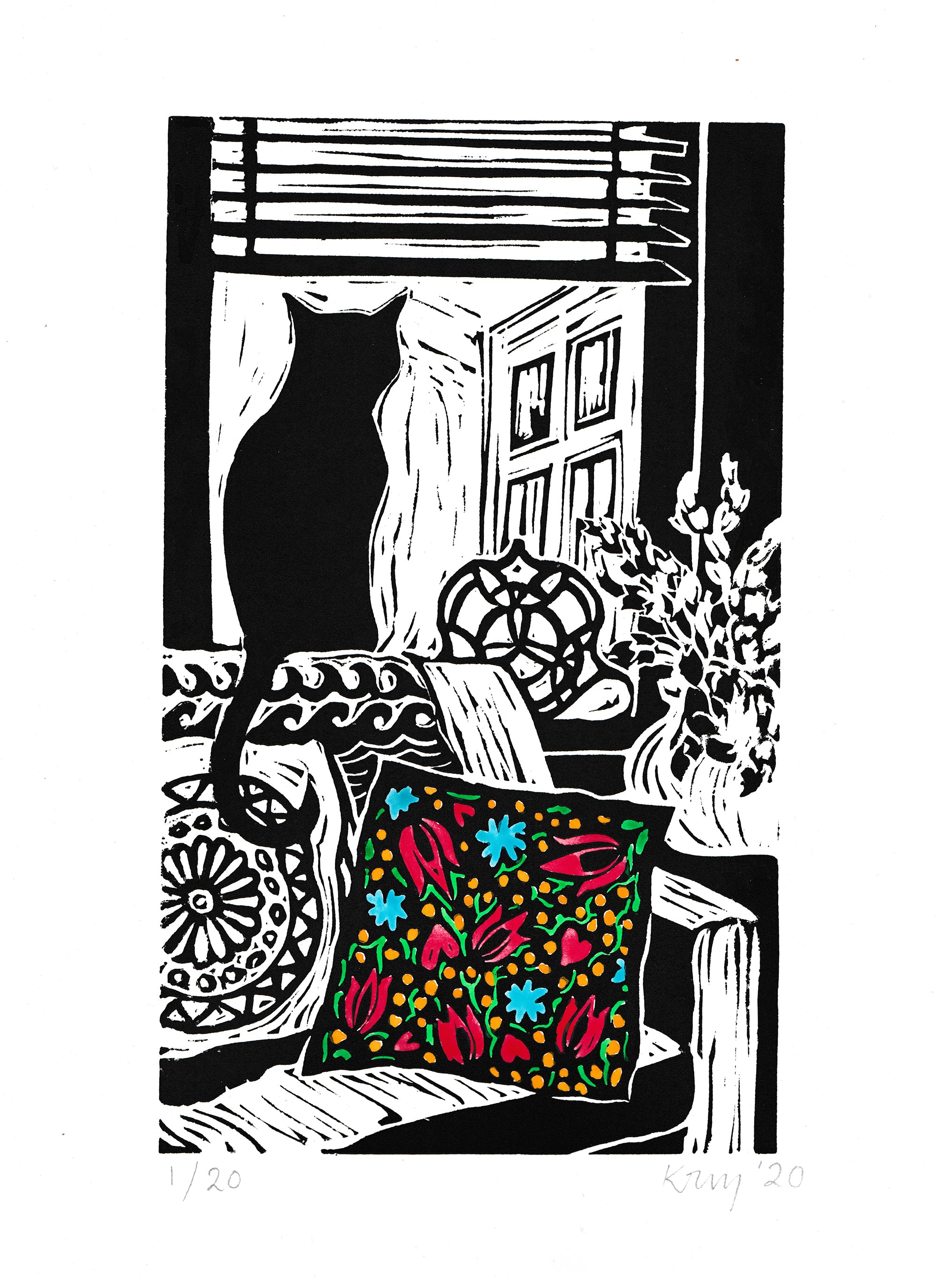 Kate Guy prints Lockdown cat with mexican cushion