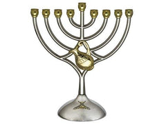 SILVER HANUKKAH MENORAH WITH OIL JUG AND GOLDEN FINISHES