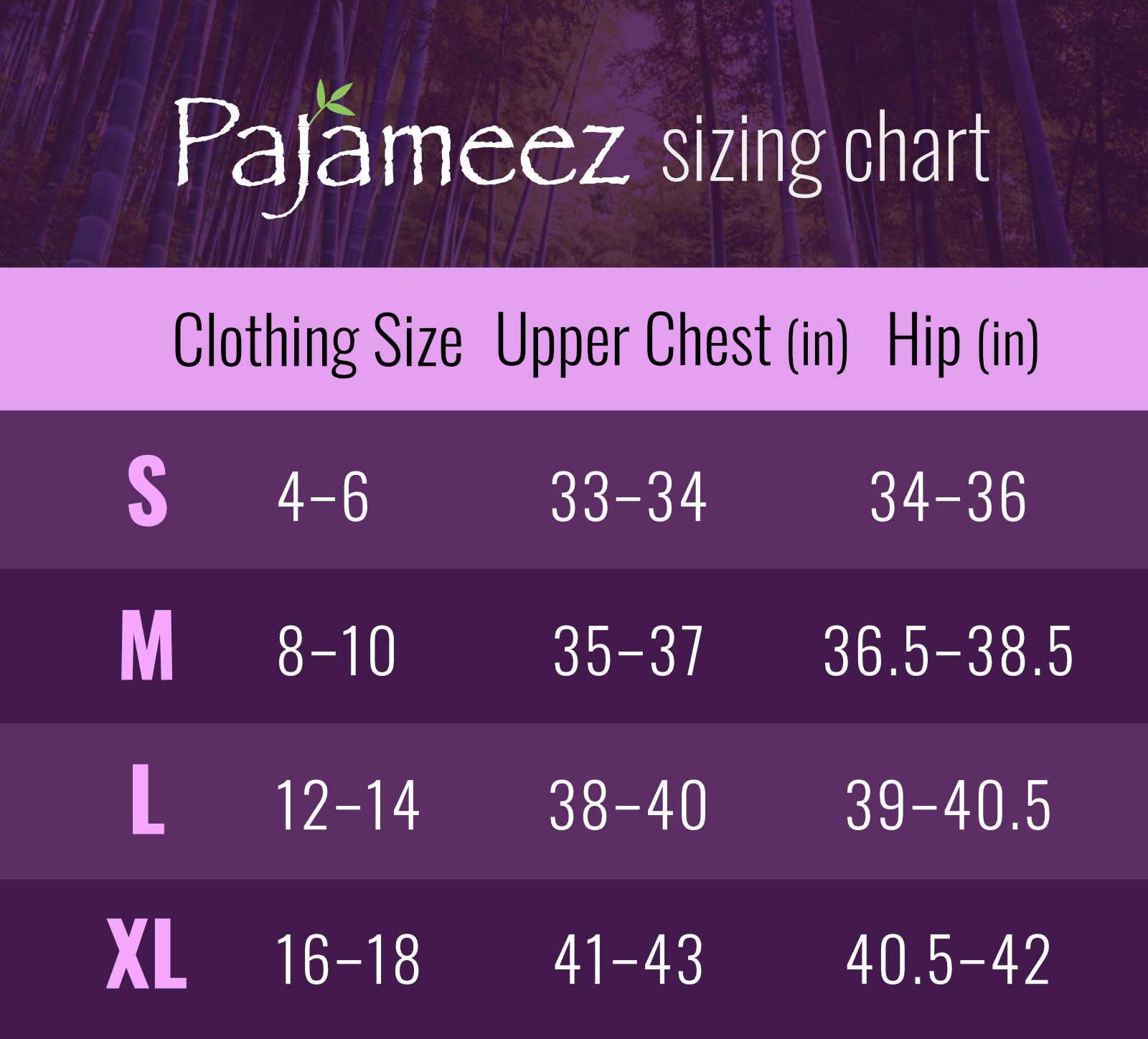 Sizing chart for Shapeez brand featuring Women's Bamboo Pajamas Short Set with Lace, showing clothing sizes ranging from s to xl with corresponding measurements for upper chest and hips in inches, set against a