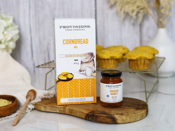 Cornbread Dry Mix and Smoked Honey and freshly baked Cornbread Muffins