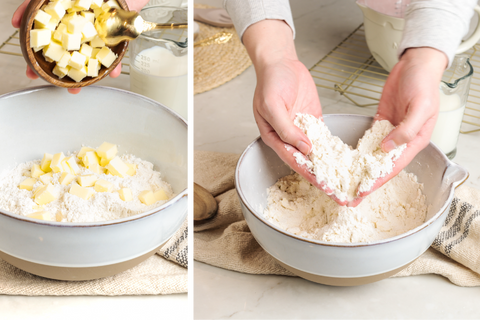 folding butter into vanilla bean scone dry mix with hands