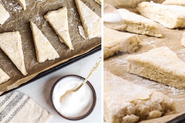 raw scones on pan with granulated sugar sprinkled on top