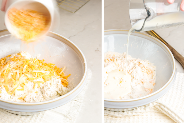 Adding shredded cheddar cheese and milk to cheddar and chive dry mix