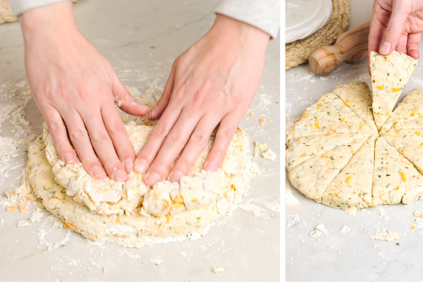 folding dough and cutting dough into 12 pieces