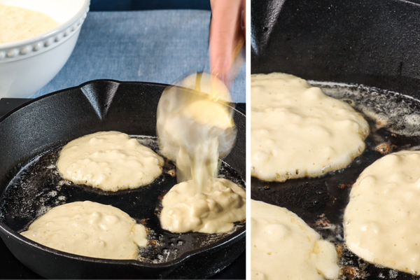 Adding buttermilk pancake batter to cast iron pan