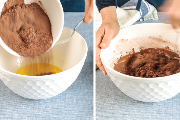 Pouring brownie mix into wet mixture and stirring 