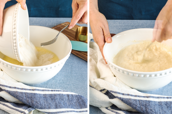 Adding and mixing buttermilk pancake dry mix to wet mixture