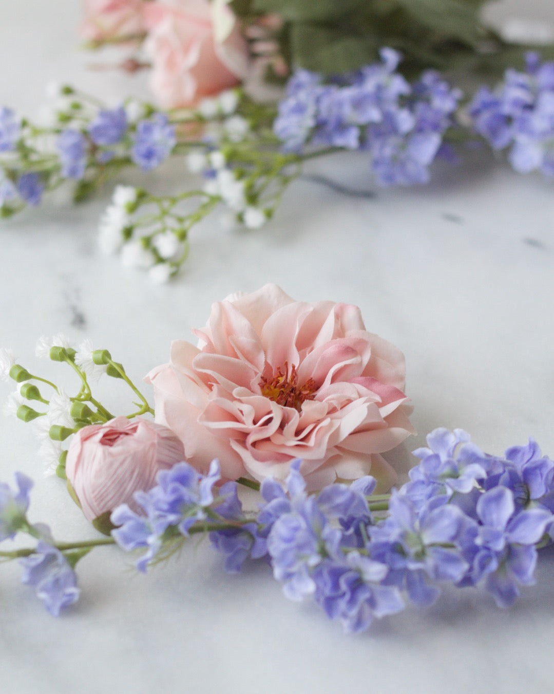 Constructing flower corsage for purple Regency dress