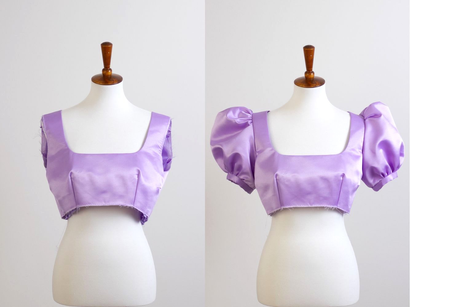 purple Regency dress with and without sleeves