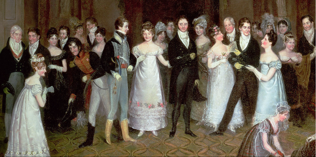 Regency ball gowns at a party