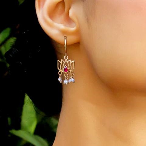 Gold Plated Lotus Drop Bali Earrings