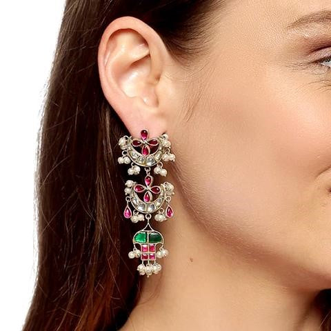 Silver Long Kundan Earrings