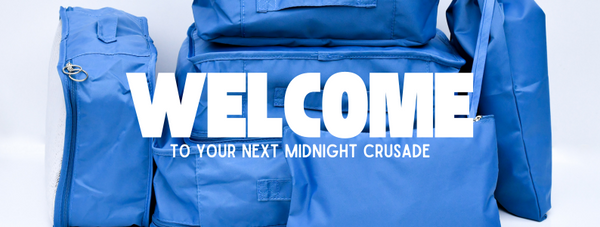 blue packing cubes on a white background with the words welcome to your next midnight crusade written on them
