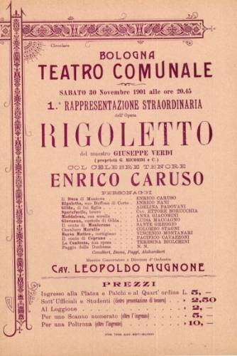 playbill from 1901 announcing a performance of Rigoletto (Verdi) in Bologna