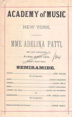 Adelina Patty Academy of Music Playbill 1884