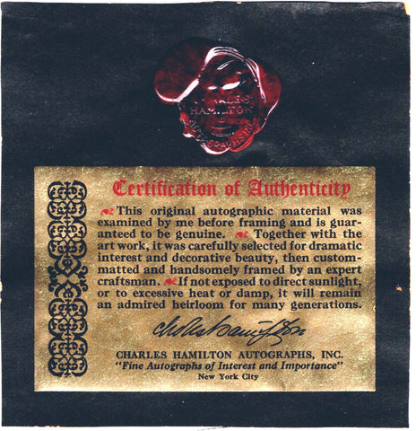 Certificate of Authenticity seal and sticker from Charles Hamilton