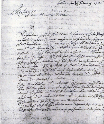 Handel letter written in London 1731 - Front