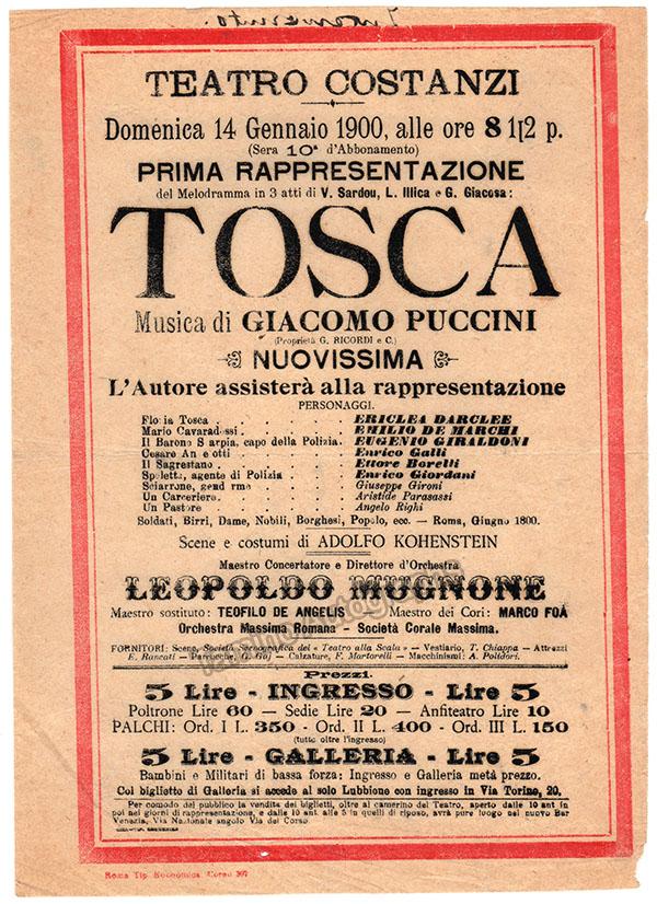 Tosca - Original World Premiere Playbill 1900