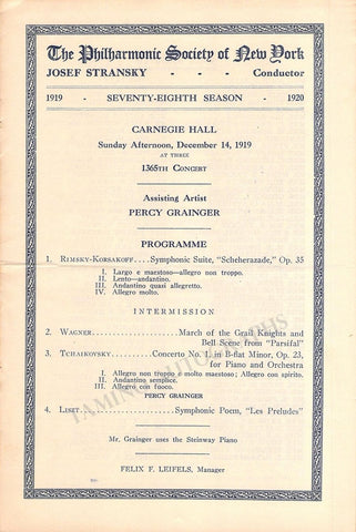 Percy Grainger Concert Program Carnegie Hall 1919