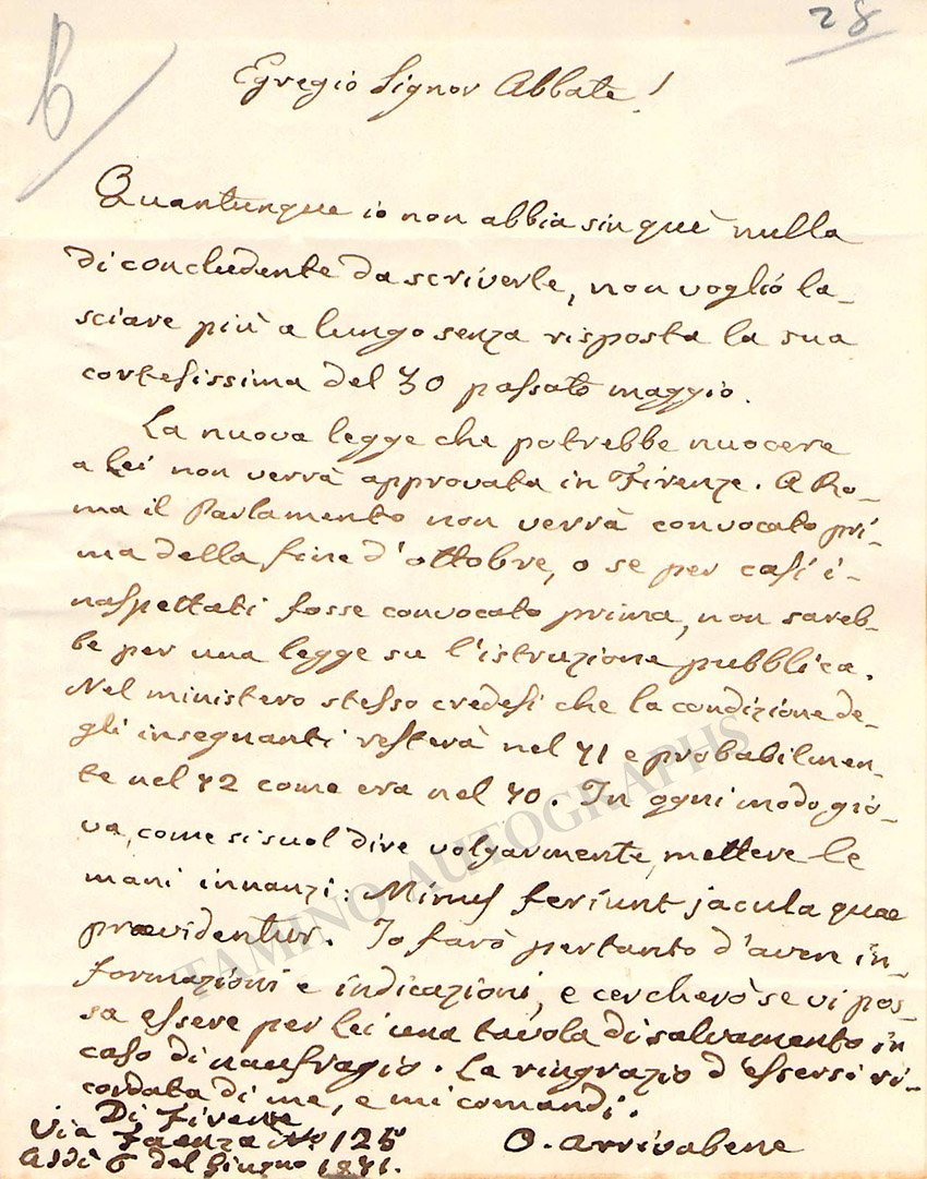 Opprandino Arrivabene Autograph Letter Signed 1871