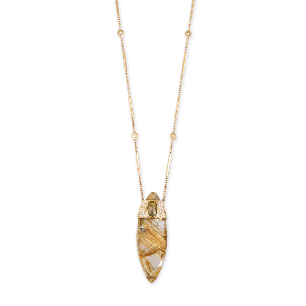 ROSE CUT DIAMOND CAP MARQUISE RUTILATED QUARTZ NECKLACE