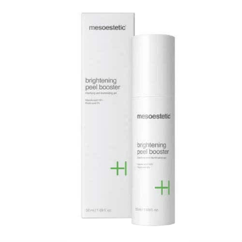 Mesoestetic Brightening Peel Booster product packaging on white background.