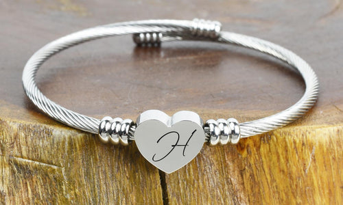 SOLID STAINLESS-STEEL HEART INITIAL CABLE BANGLE - ALL LETTERS ITALY Made - Halin Shopping