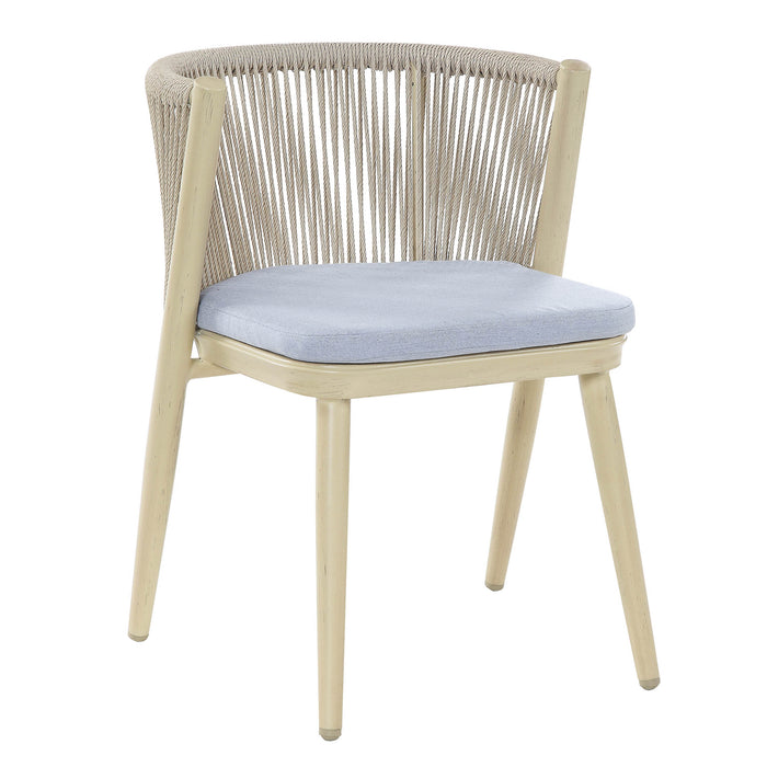 Right-facing transitional aluminum patio dining chair in natural tone finish displaying faux wicker rope backs and blue padded seats on a white background.