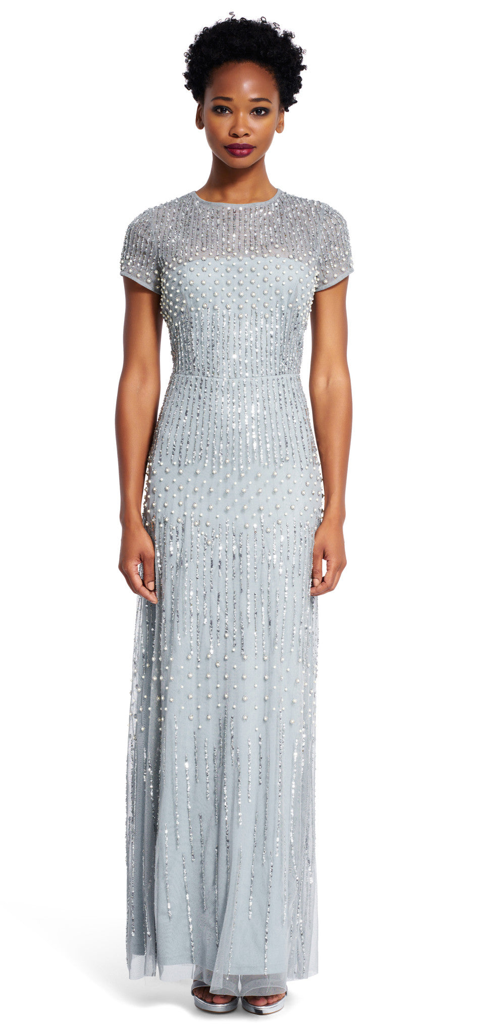 adrianna papell long sleeve beaded gown