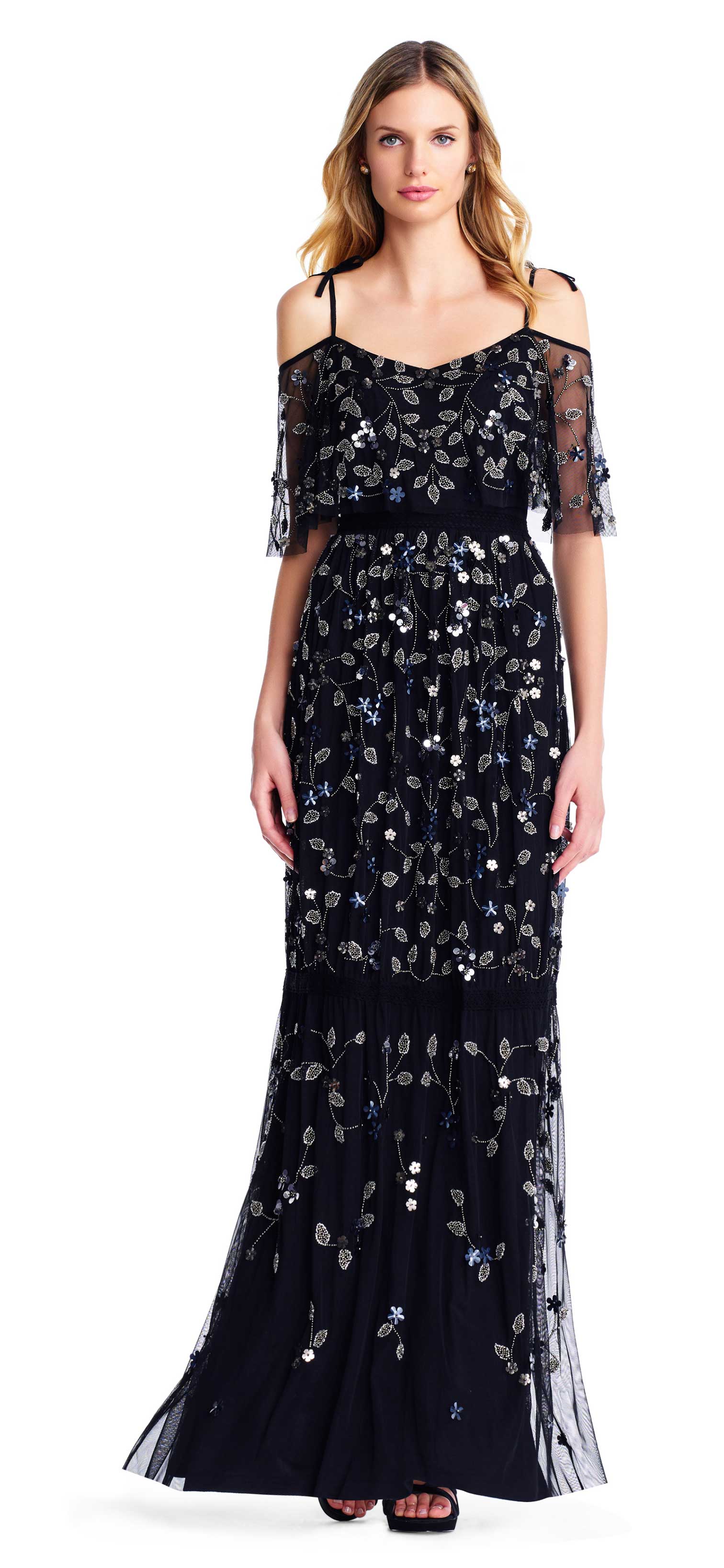 adrianna papell boho beaded mesh gown