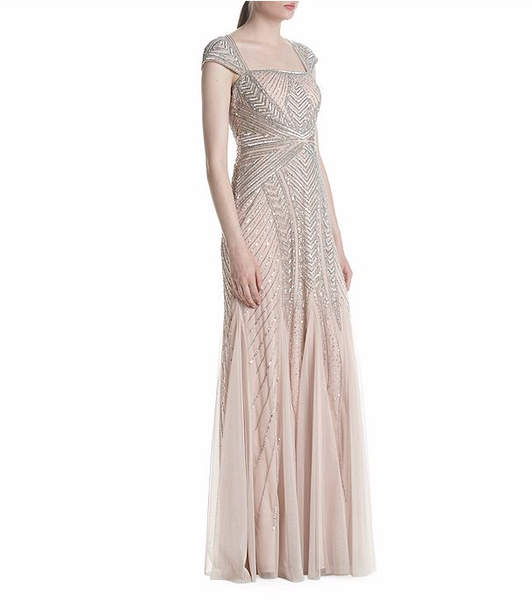 Adrianna Papell Cap Sleeve Envelope Embellished Mesh Gown - Shell Blus ...