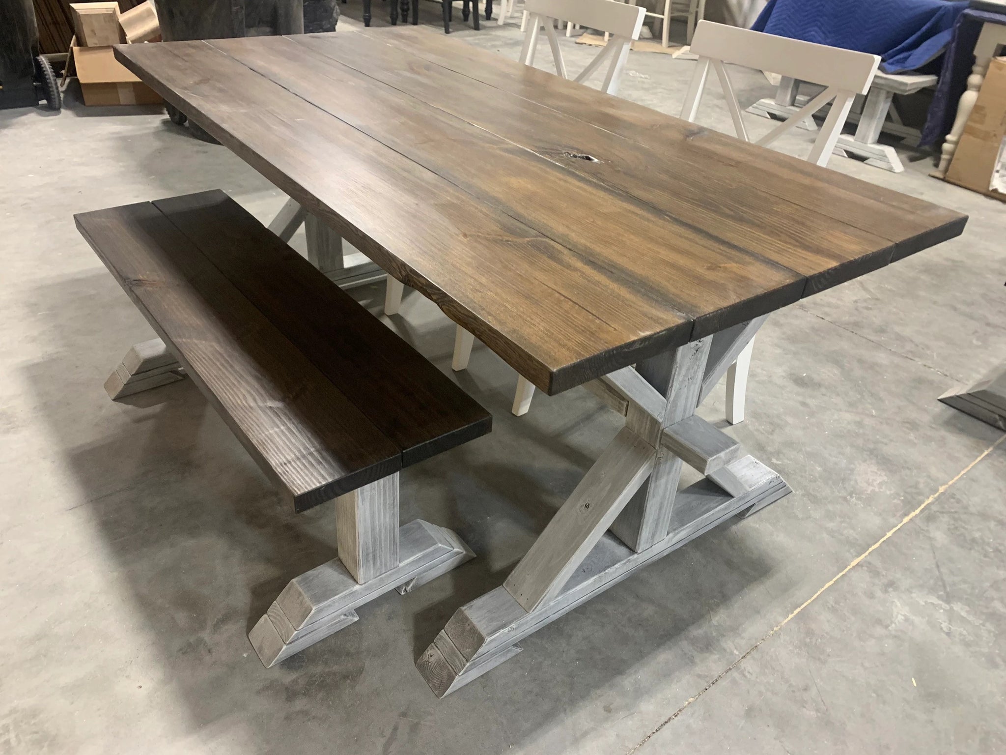 distressed wood dining table with bench