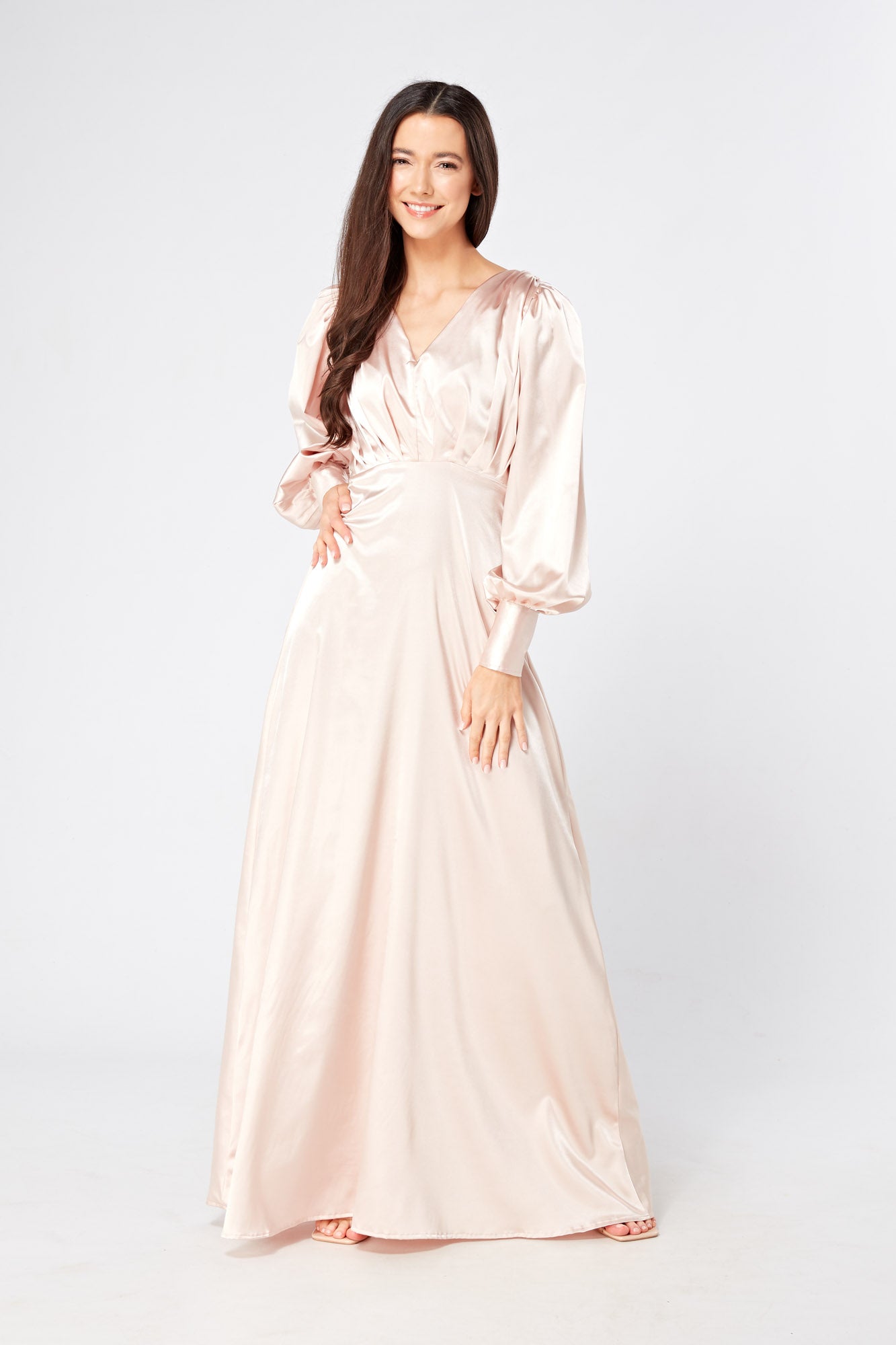 Rosetta Light Rose Pink Satin Maxi Dress With Long Sleeves - TAHLIRA product image