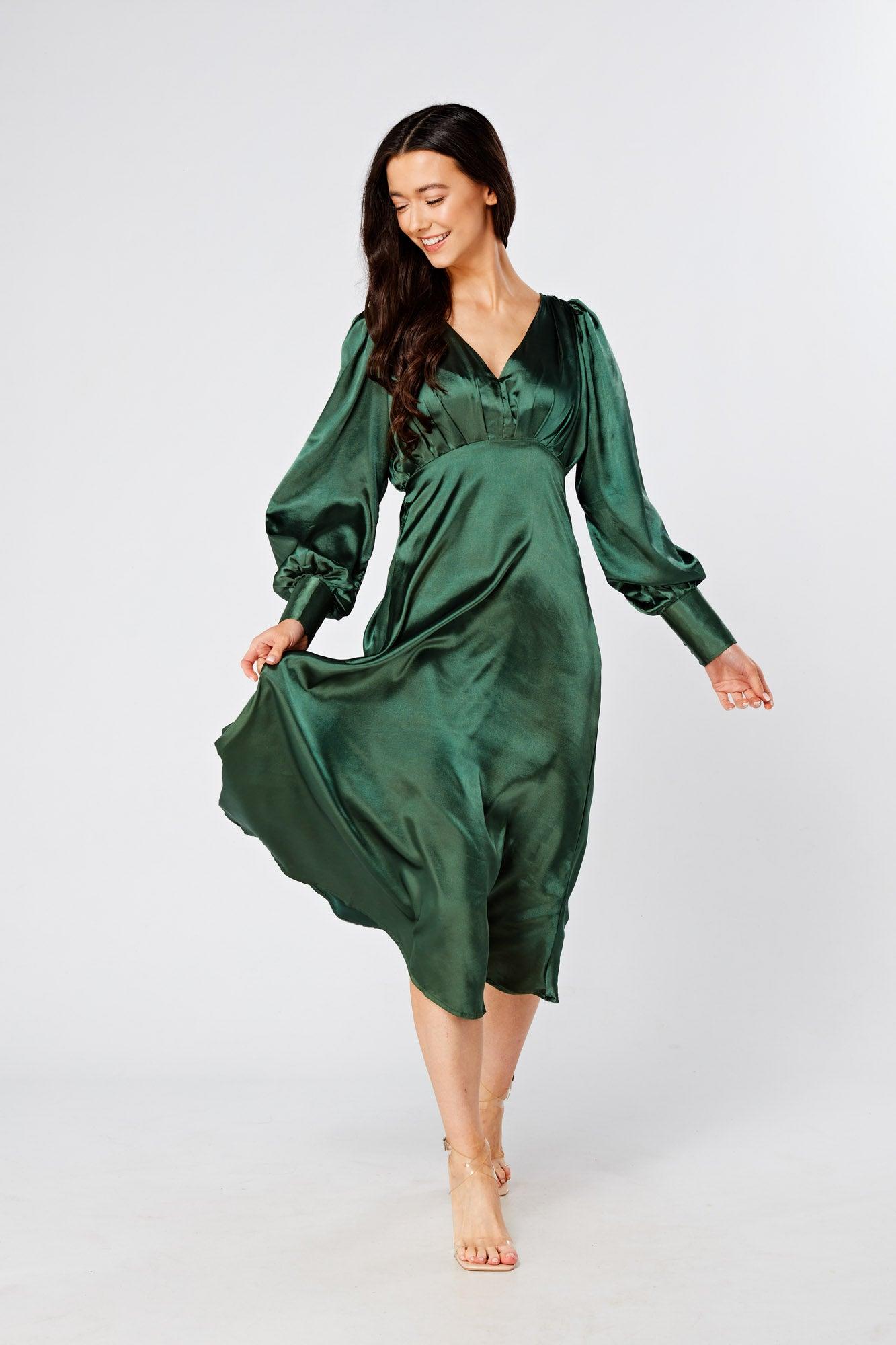 Kiara Jade Green Premium Satin Midi Dress With Long Sleeves - TAHLIRA product image