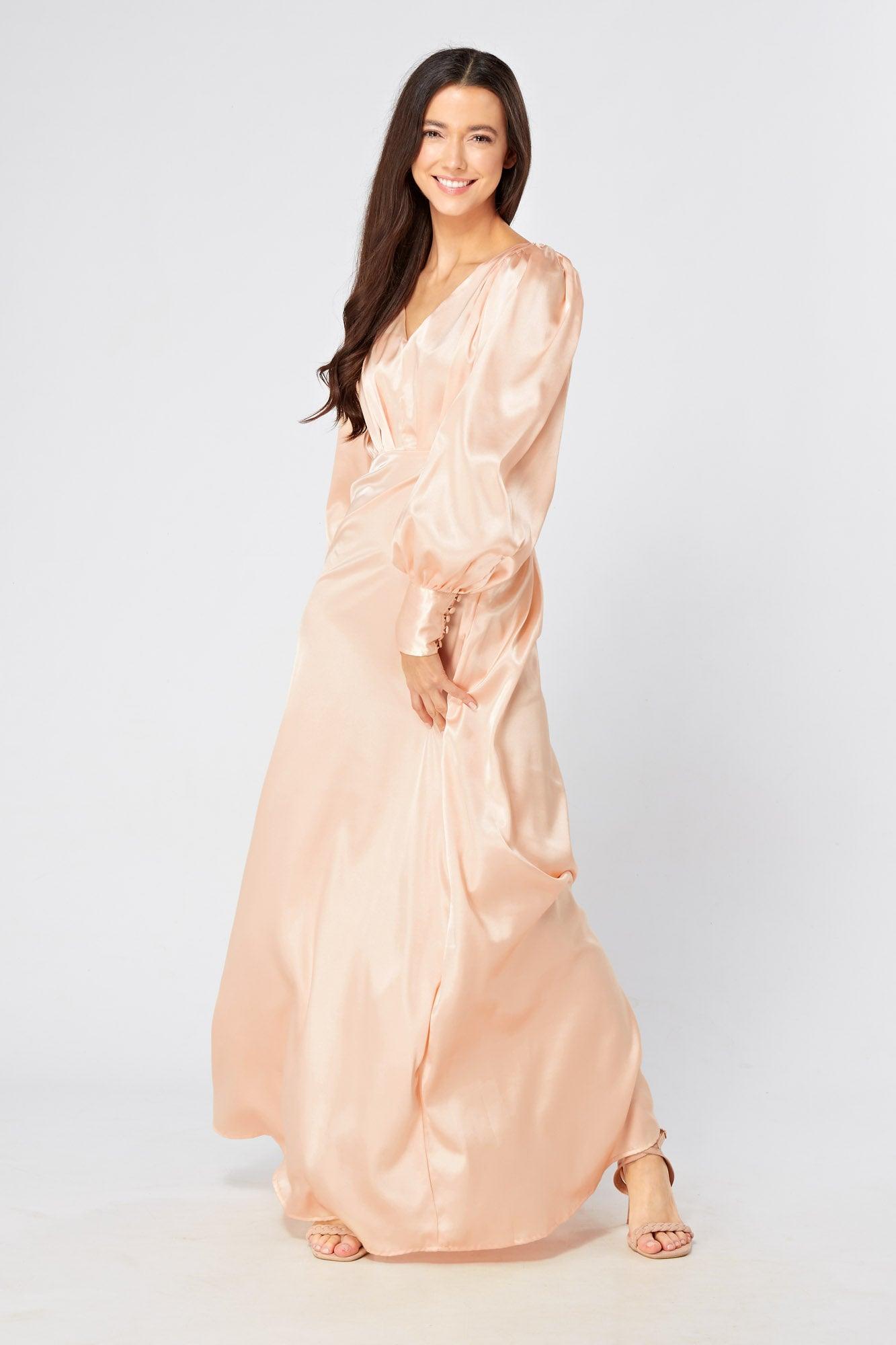 Cream Satin Long Sleeve Maxi Dress - X-Small