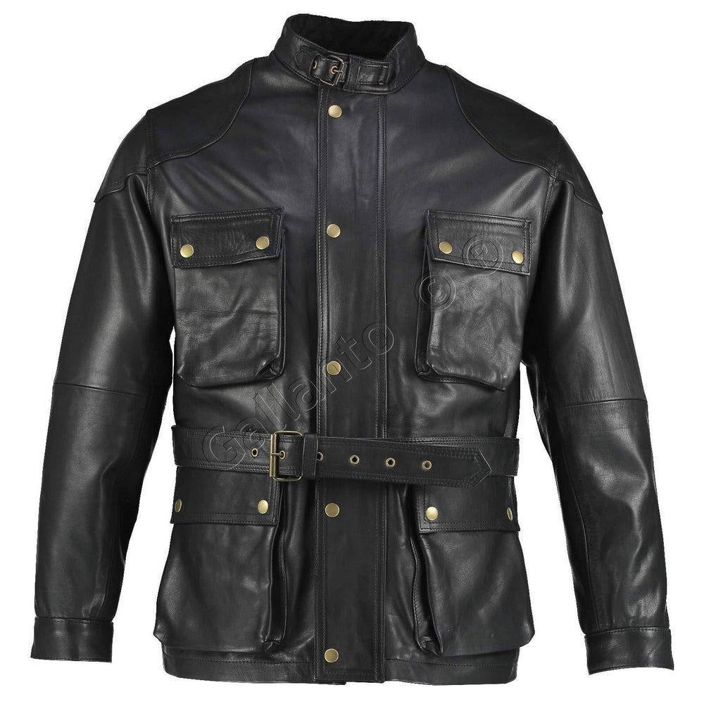 Black benjamin button long biker leather jacket motorcycle for sale in uk
