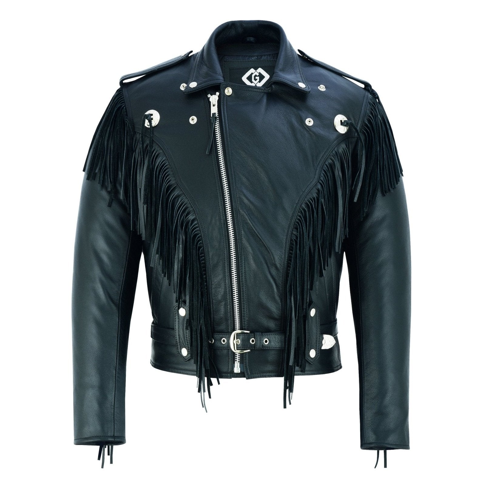 Black Biker Fringe Leather Jacket - Tassle Concho Premium Motorcycle ...