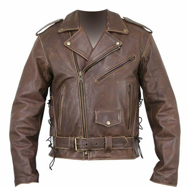 Brown distressed leather motorcycle armoured jacket with embossed flyi