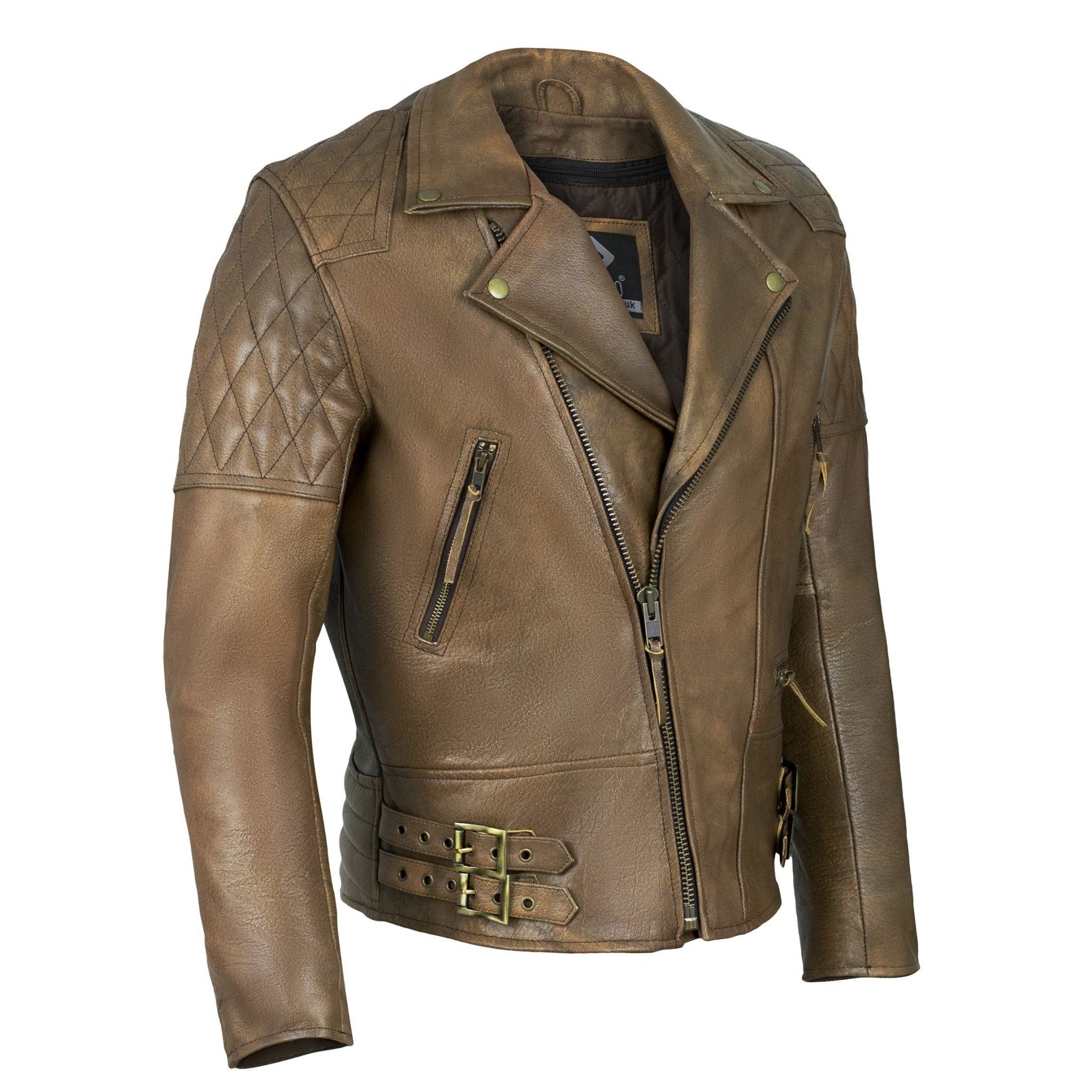 Classic Diamond Armoured Brown Biker Leather Jacket Motorcycle Mens Leather Jackets Women 7139