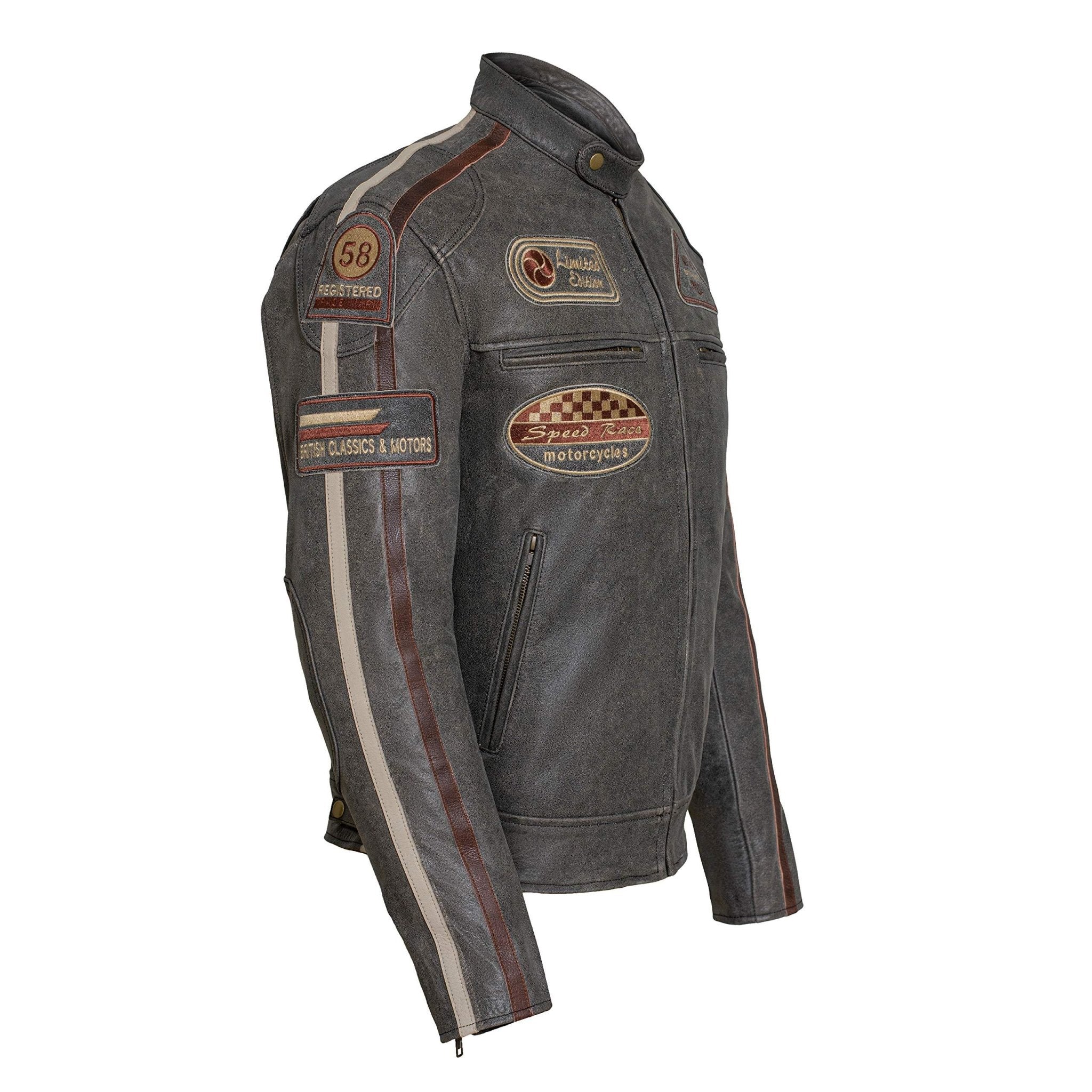 Classic mens british striped biker leather jacket with badges motorcyc