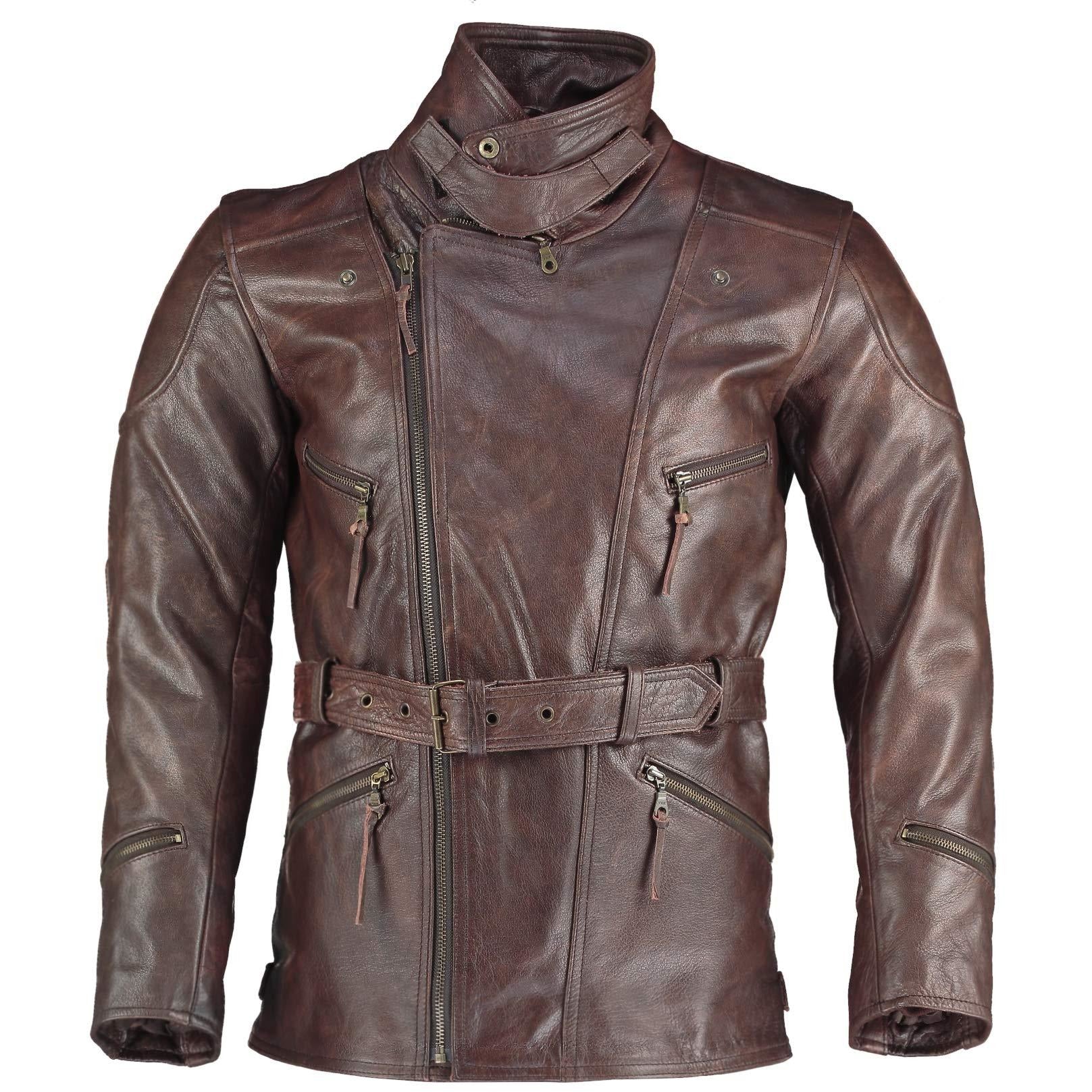 Long eddie dark brown belted biker leather jacket