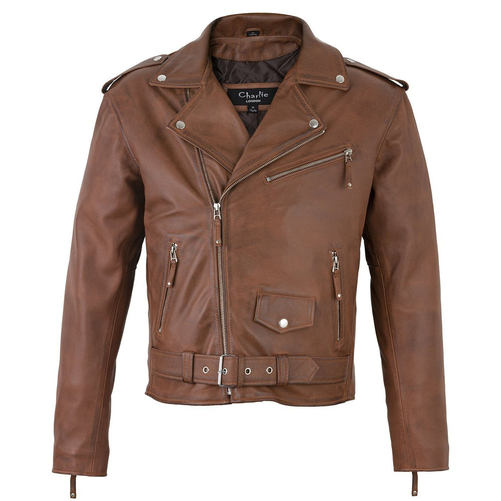 Men's belted cross zip brando biker tan leather jacket