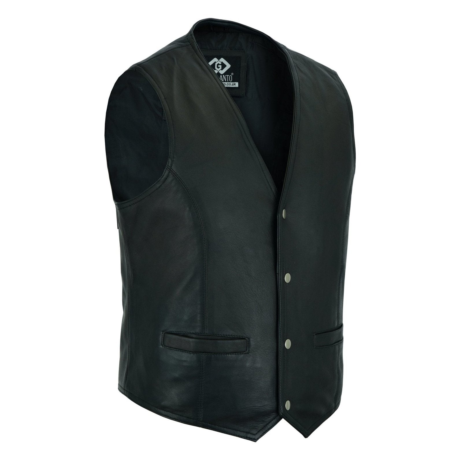 Mens black leather waistcoat vest with snap button