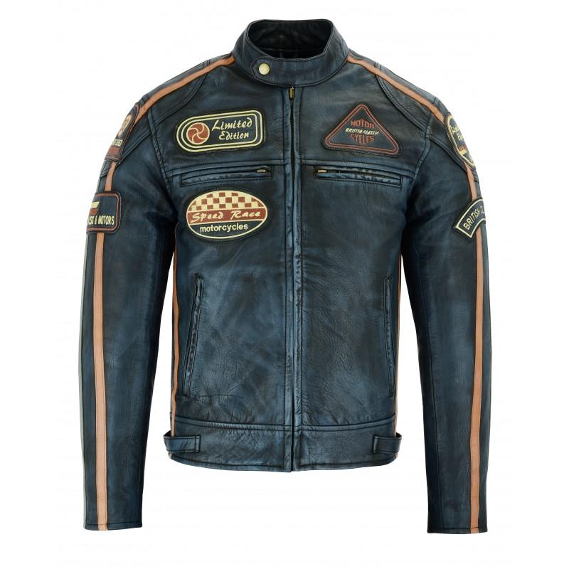 Mens british motorcycle black wax leather badges jacket biker tan gree