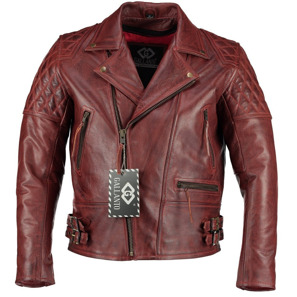 Vintage red classic diamond motorcycle mens leather jacket