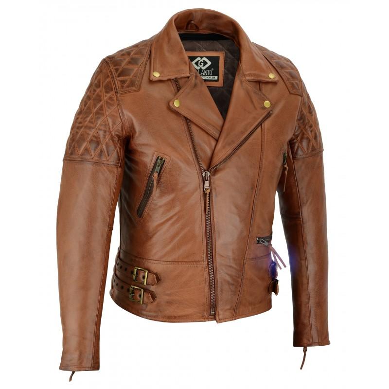 Vintage Tan Brown Classic Diamond Motorcycle Biker Soft Leather Jacket 8105