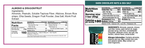 comparing Kind bars with Simple bars showing nutritional table and ingredient list