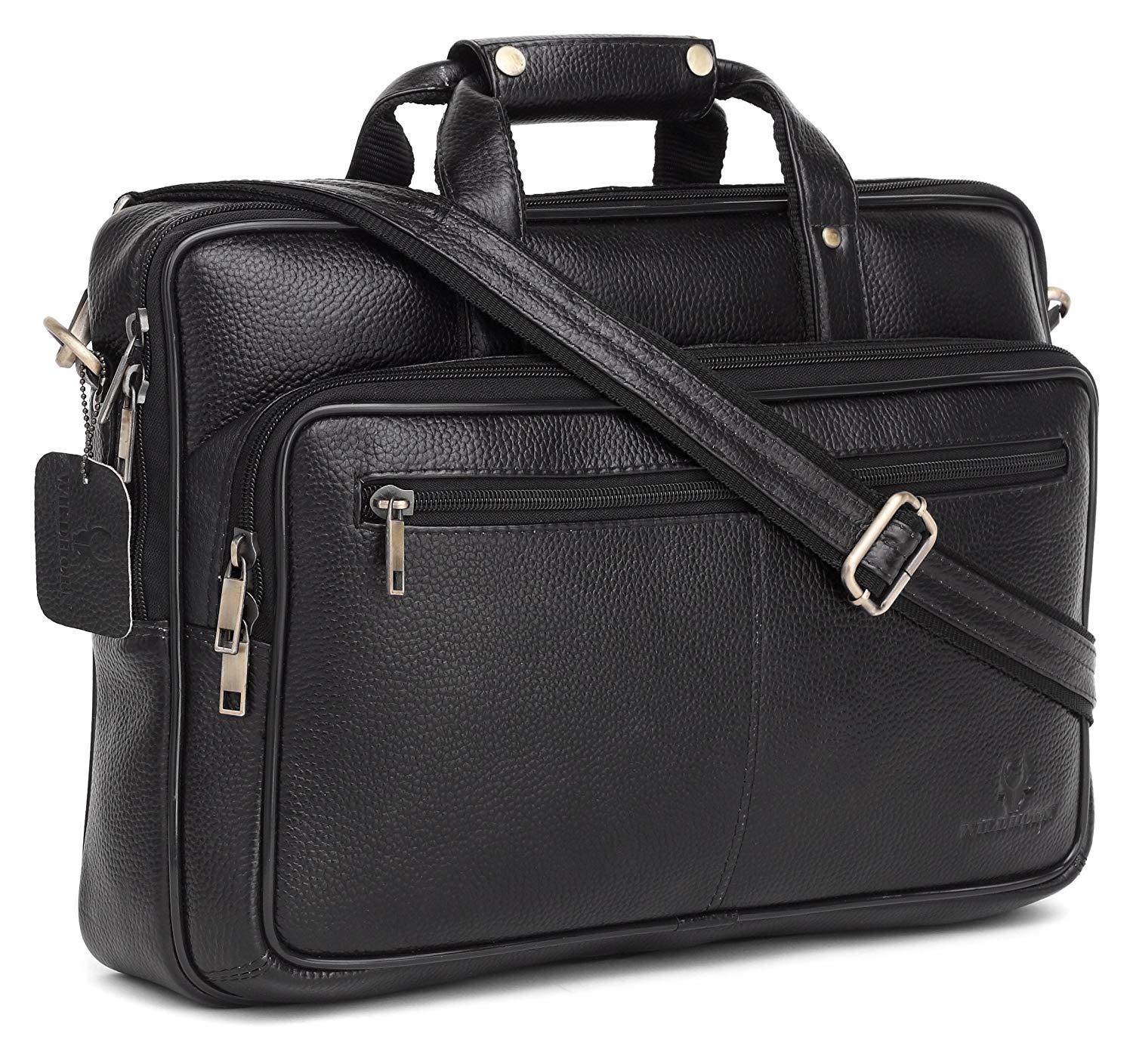 Wildhorn Genuine Leather Black 16 inch Briefcase Laptop Bag for Men wi ...