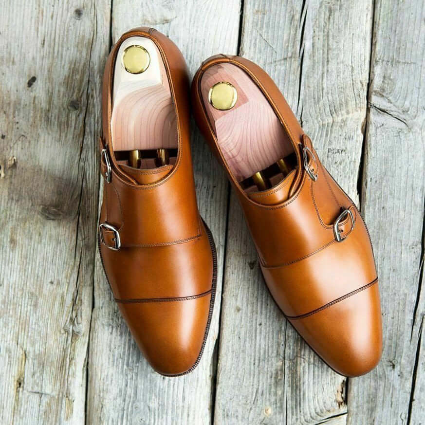 Bespoke Brown Cap Toe Double Monk Strap 